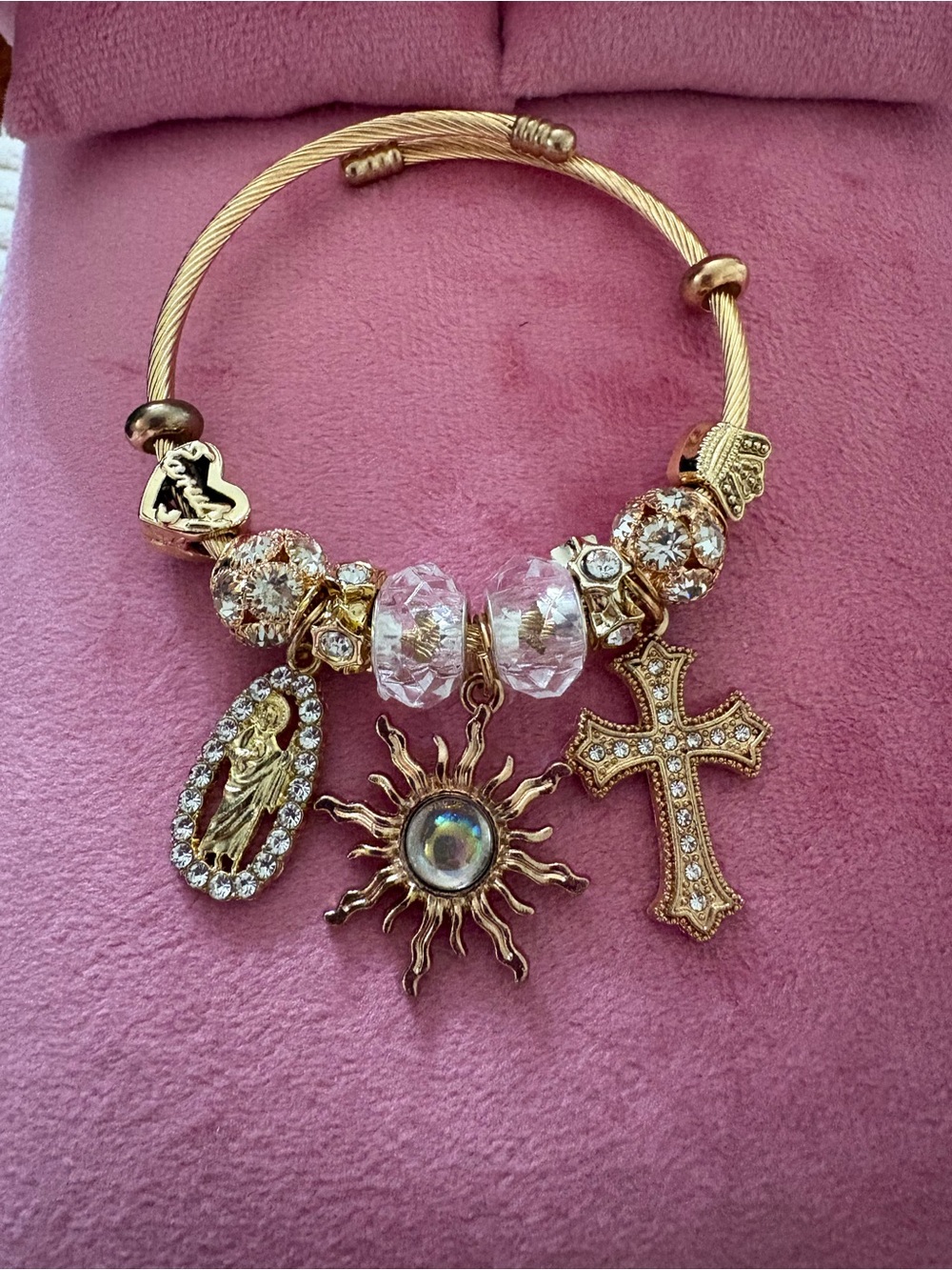Gold Tone Sun, Cross & Crystal Charm Bangle Bracelet - Women Jewelry